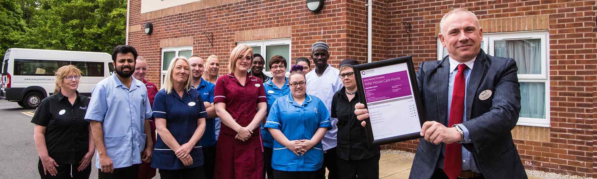 Alder House Care Home CQC Inspection staff celebrate certificate banner hero