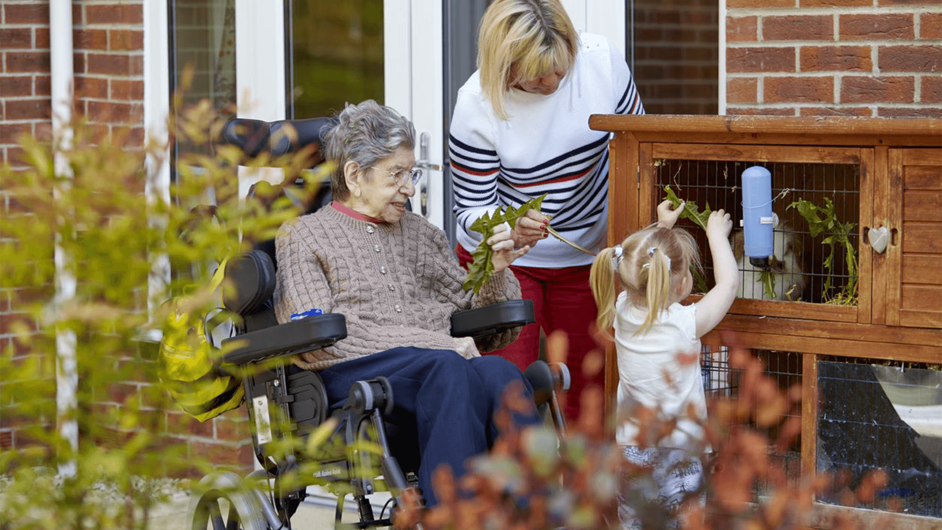 Acer Court resident and family feeding the rabbit